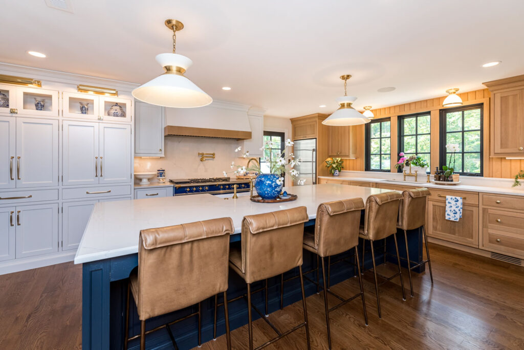 Modern kitchen island, blue and beige.